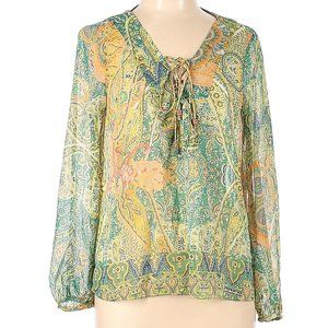 Zara Paisely Metallic Yellow Multicolor Lace up Blouse Boho Arabesque top Large